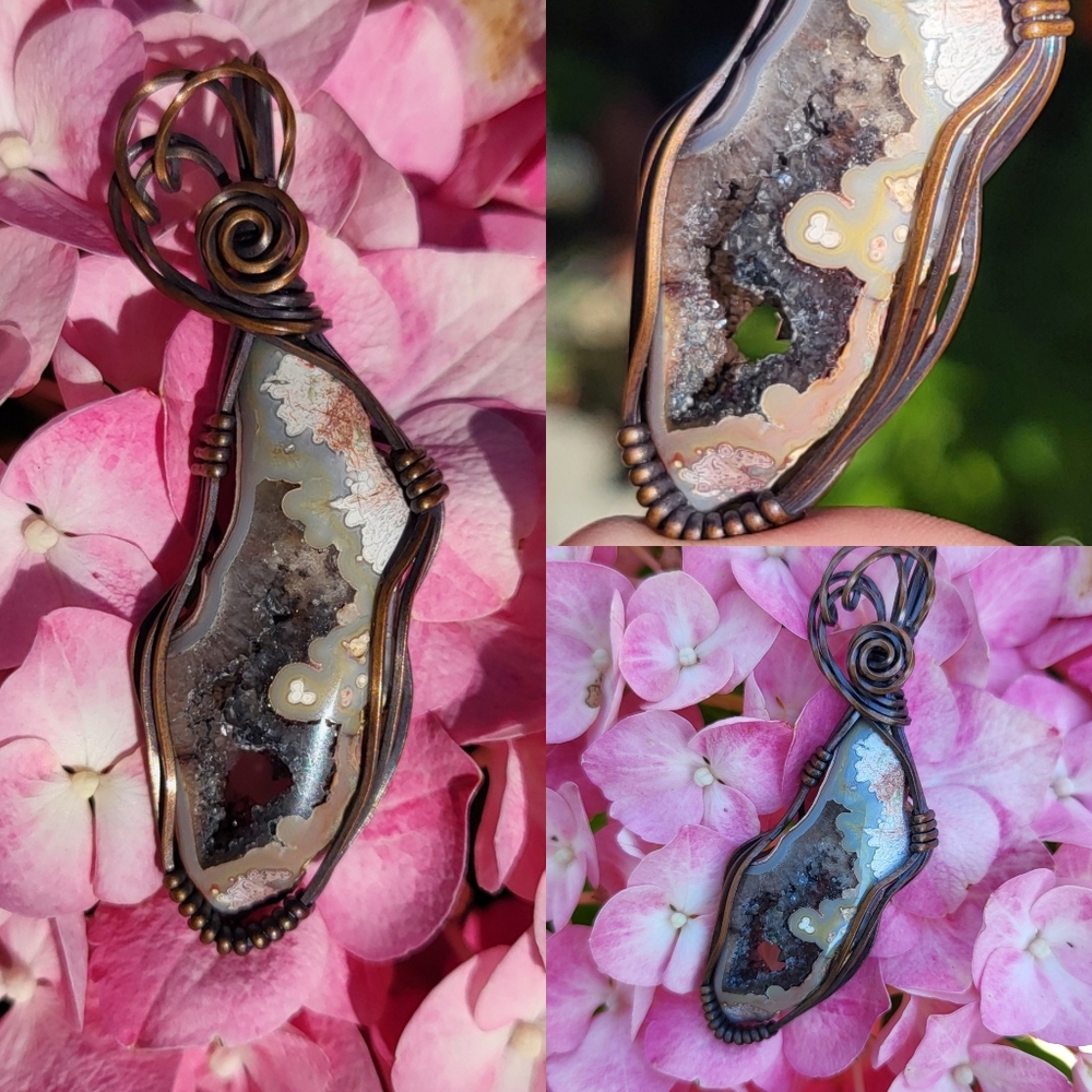 Handcrafted Designer Crazy Lace Agate w/ Druzy Crystals Pendant